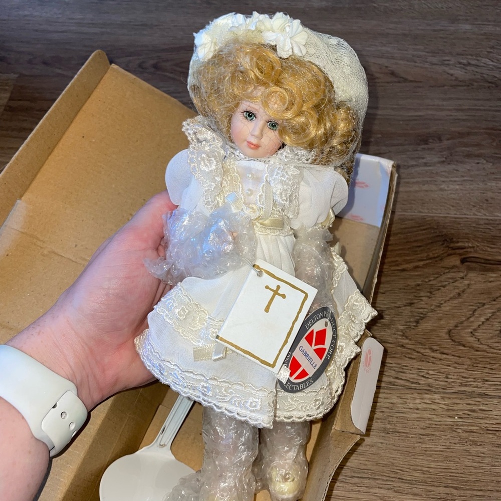 Elegant Porcelain Doll with White Lace Dress